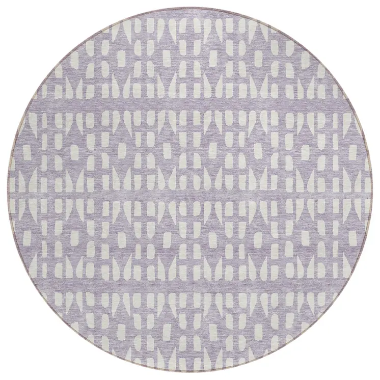 8' Lavender And Ivory Round Geometric Washable Indoor Outdoor Area Rug