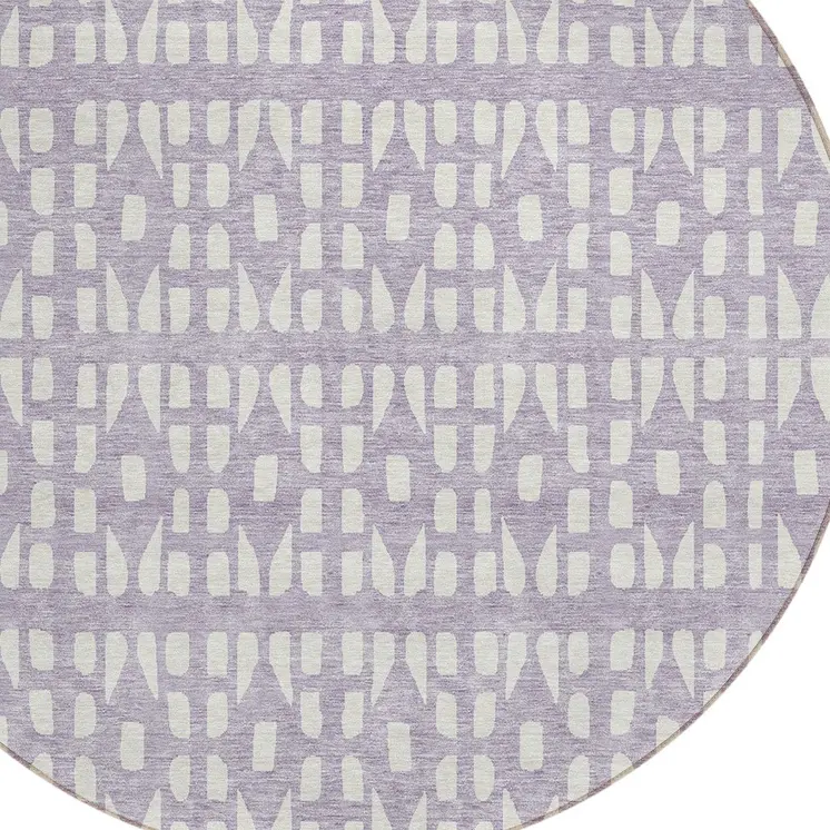 8' Lavender And Ivory Round Geometric Washable Indoor Outdoor Area Rug