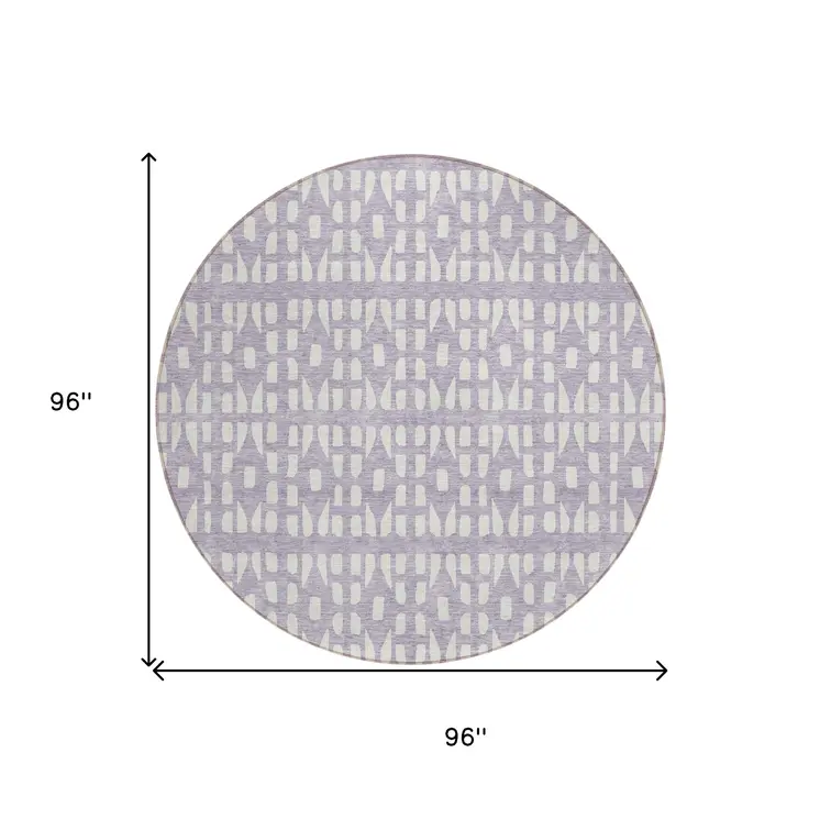 8' Lavender And Ivory Round Geometric Washable Indoor Outdoor Area Rug