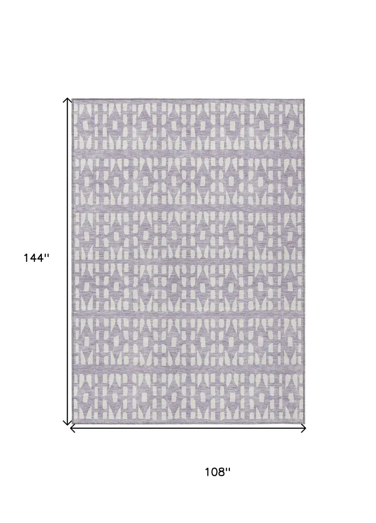 9' X 12' Lavender And Ivory Geometric Washable Indoor Outdoor Area Rug