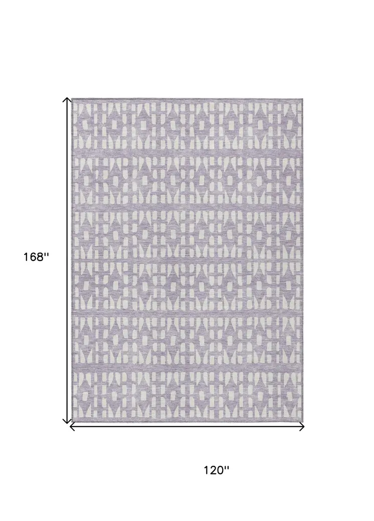 10' X 14' Lavender And Ivory Geometric Washable Indoor Outdoor Area Rug