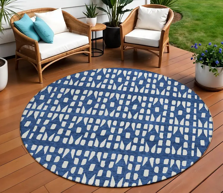 8' Navy Blue And Ivory Round Geometric Washable Indoor Outdoor Area Rug