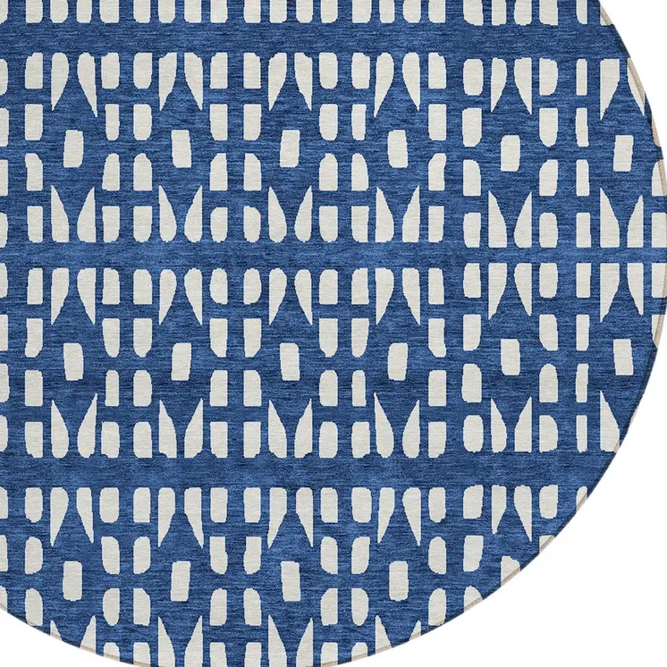 8' Navy Blue And Ivory Round Geometric Washable Indoor Outdoor Area Rug
