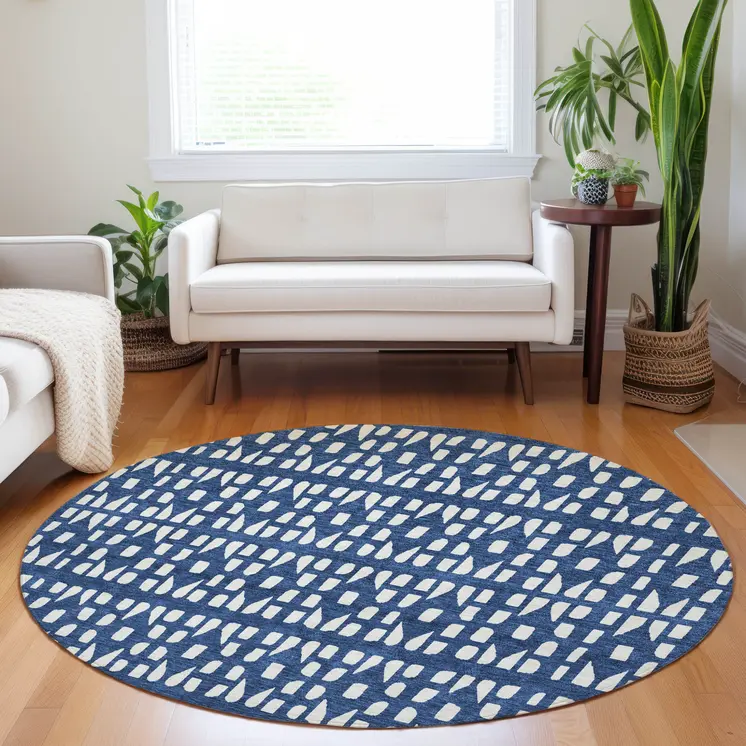 8' Navy Blue And Ivory Round Geometric Washable Indoor Outdoor Area Rug