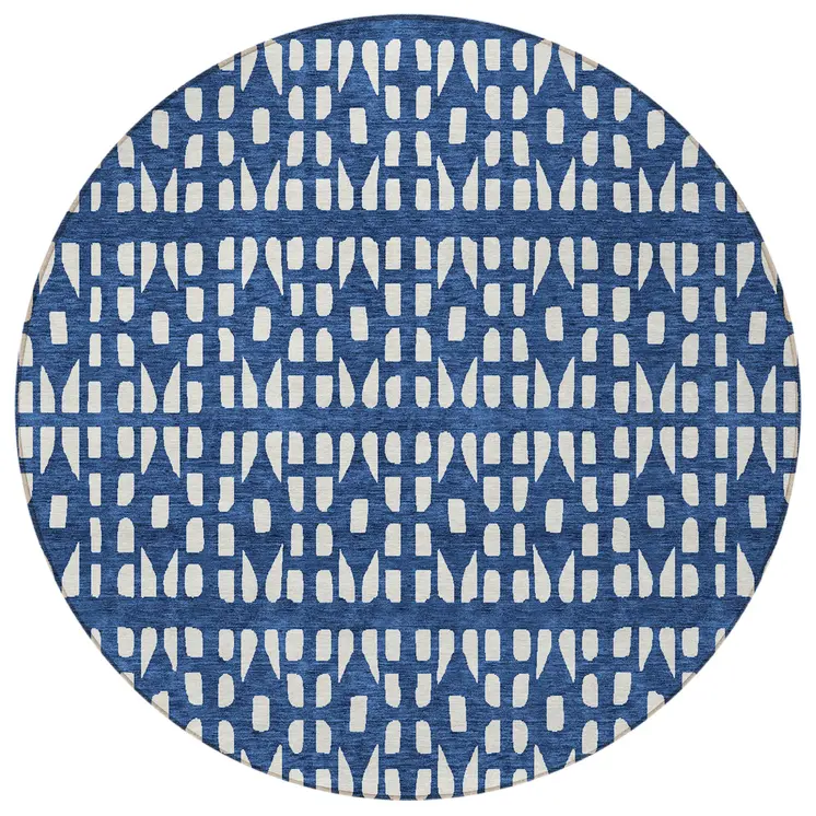 8' Navy Blue And Ivory Round Geometric Washable Indoor Outdoor Area Rug