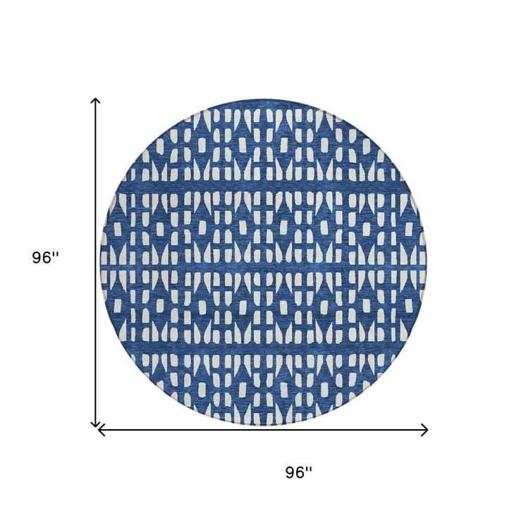 8' Navy Blue And Ivory Round Geometric Washable Indoor Outdoor Area Rug
