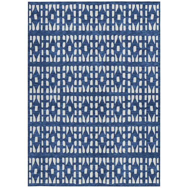 8' X 10' Navy Blue And Ivory Geometric Washable Indoor Outdoor Area Rug