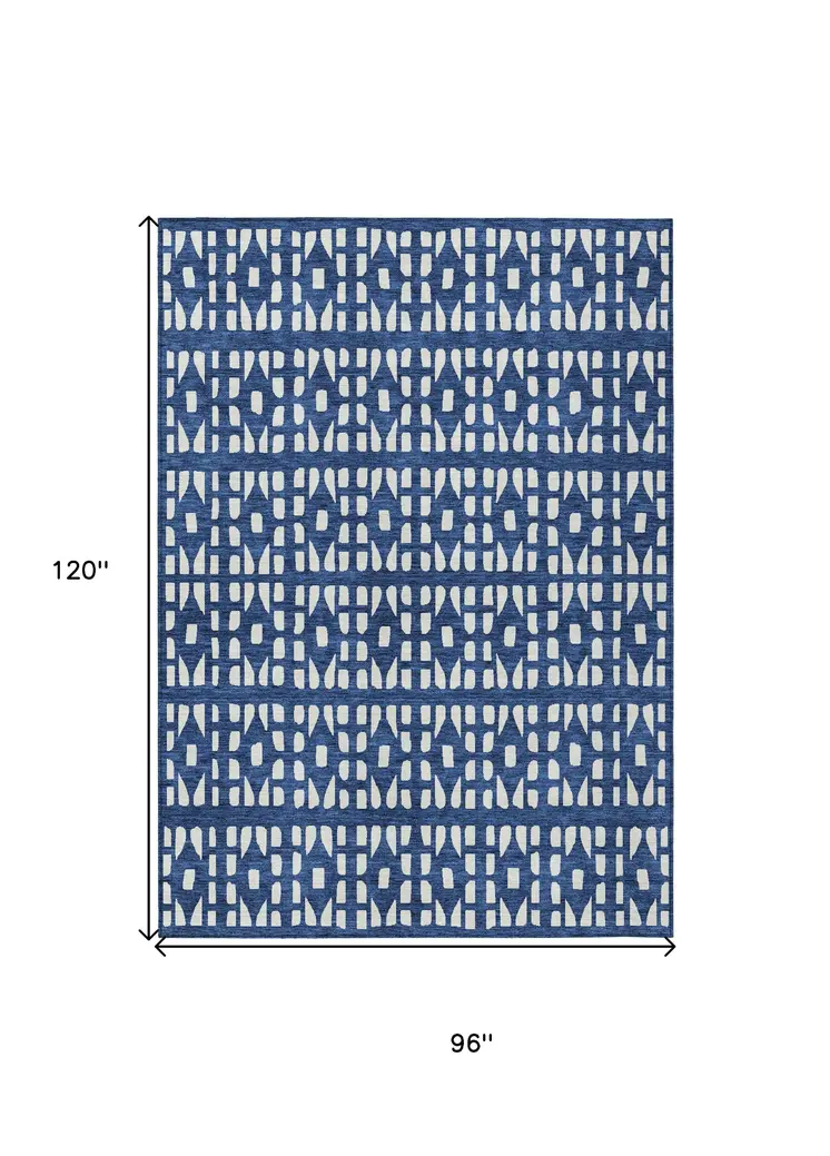 8' X 10' Navy Blue And Ivory Geometric Washable Indoor Outdoor Area Rug