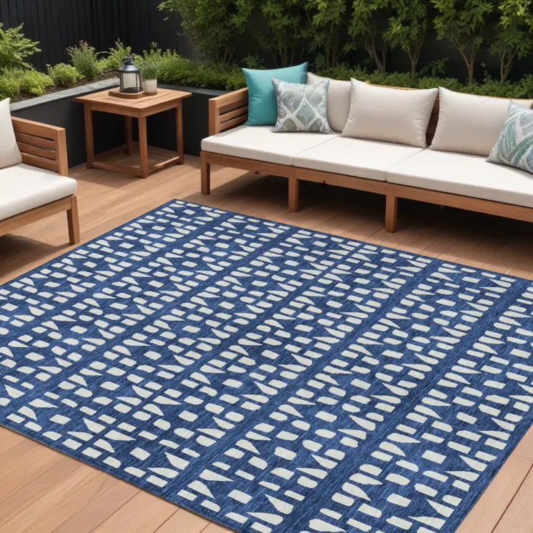 8' X 10' Navy Blue And Ivory Geometric Washable Indoor Outdoor Area Rug