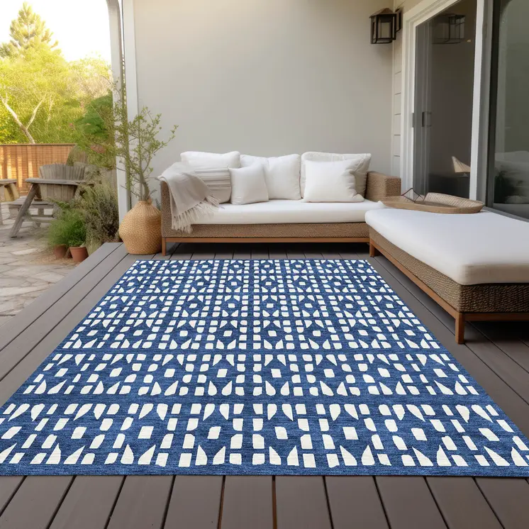 8' X 10' Navy Blue And Ivory Geometric Washable Indoor Outdoor Area Rug