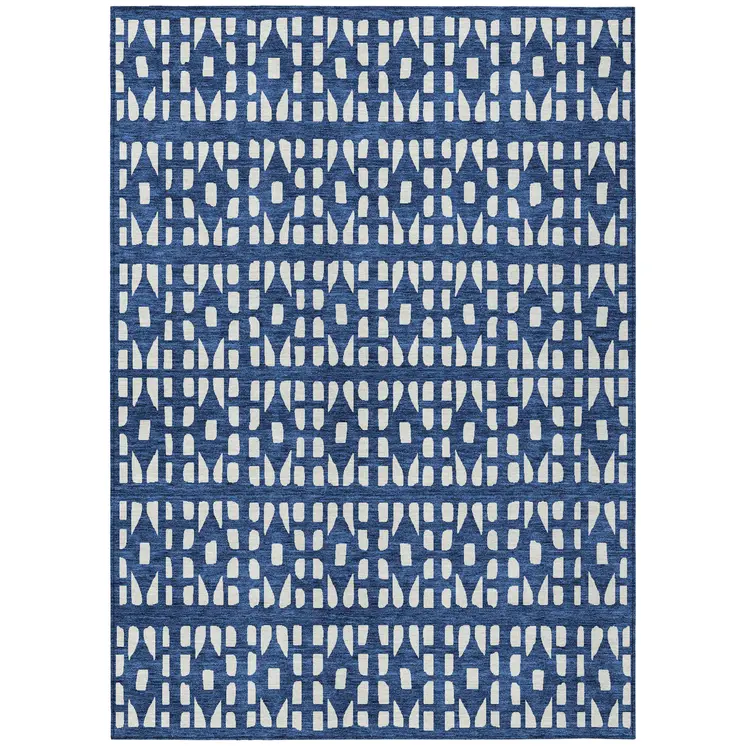 8' X 10' Navy Blue And Ivory Geometric Washable Indoor Outdoor Area Rug