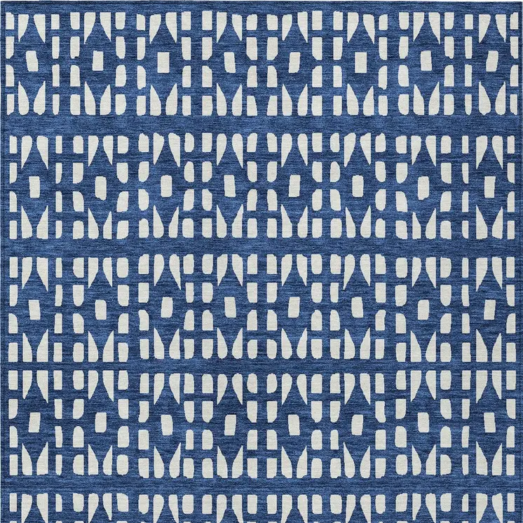 8' X 10' Navy Blue And Ivory Geometric Washable Indoor Outdoor Area Rug