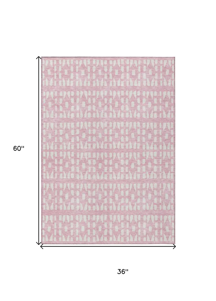 3' X 5' Pink And Ivory Geometric Washable Indoor Outdoor Area Rug