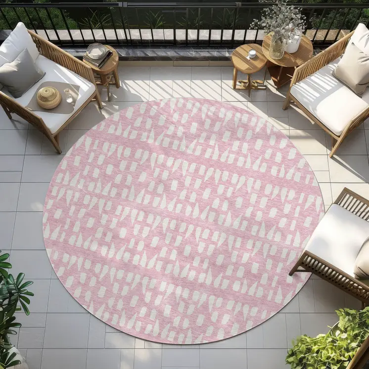 8' Pink And Ivory Round Geometric Washable Indoor Outdoor Area Rug