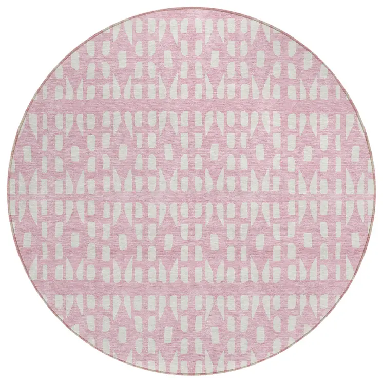 8' Pink And Ivory Round Geometric Washable Indoor Outdoor Area Rug