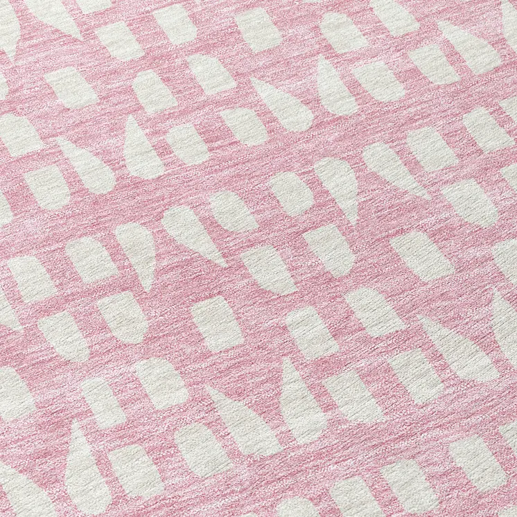 8' Pink And Ivory Round Geometric Washable Indoor Outdoor Area Rug