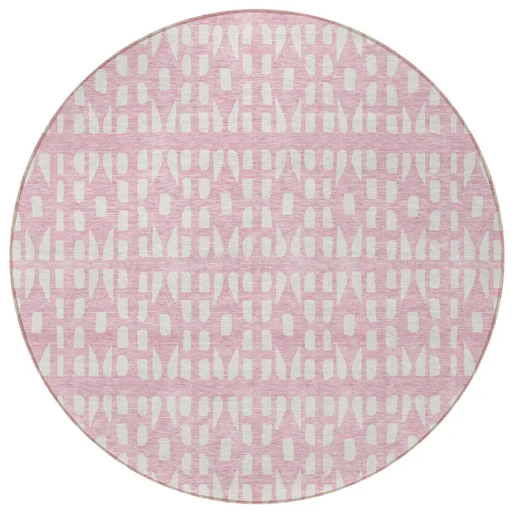 8' Pink And Ivory Round Geometric Washable Indoor Outdoor Area Rug