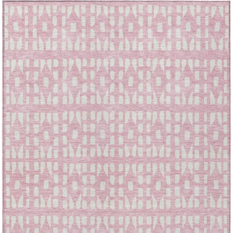 9' X 12' Pink And Ivory Geometric Washable Indoor Outdoor Area Rug