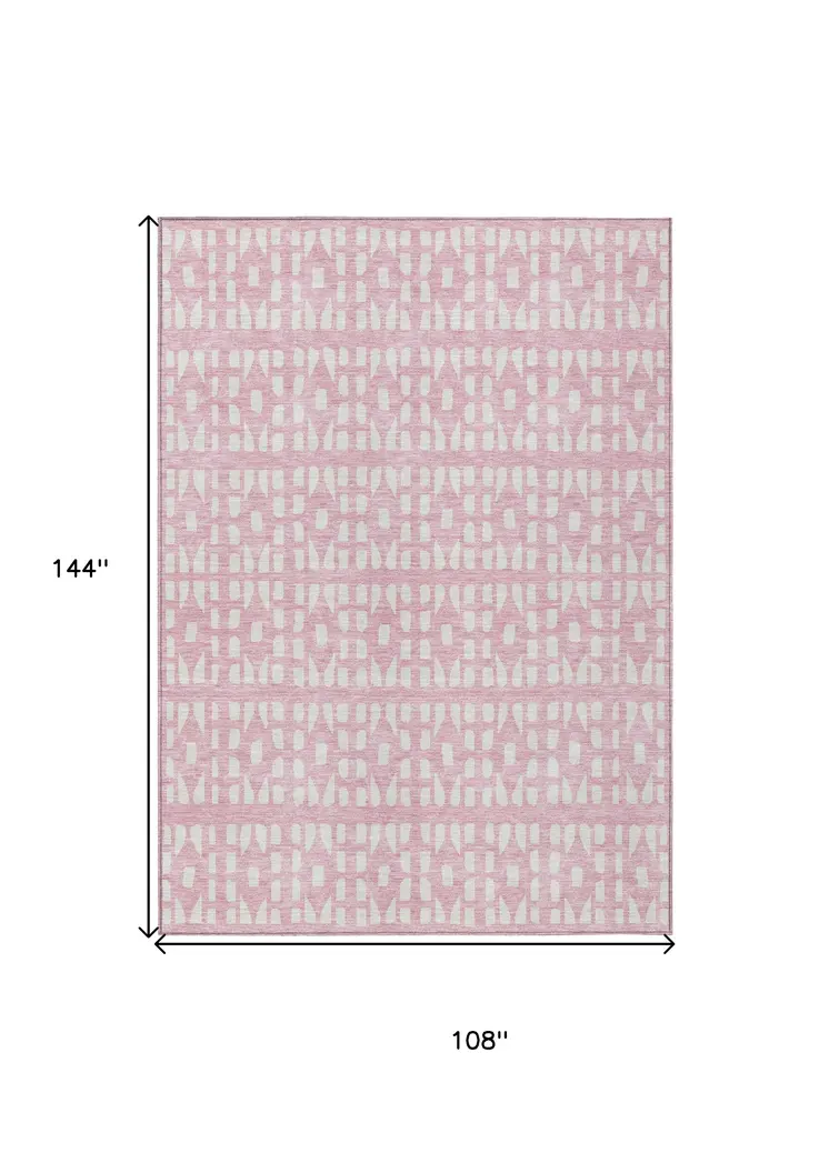 9' X 12' Pink And Ivory Geometric Washable Indoor Outdoor Area Rug