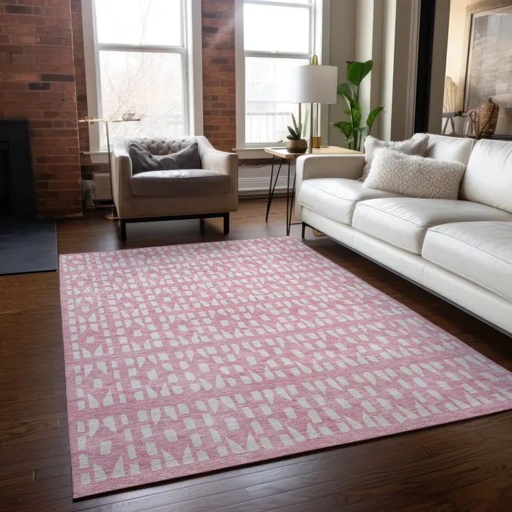 9' X 12' Pink And Ivory Geometric Washable Indoor Outdoor Area Rug
