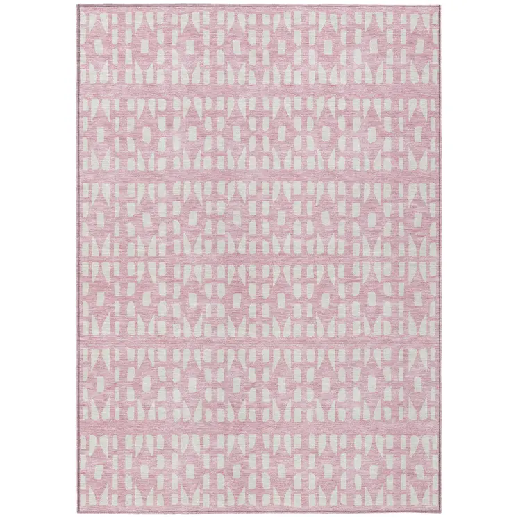 10' X 14' Pink And Ivory Geometric Washable Indoor Outdoor Area Rug