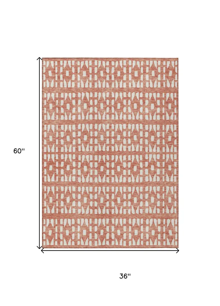 3' X 5' Salmon And Ivory Geometric Washable Indoor Outdoor Area Rug