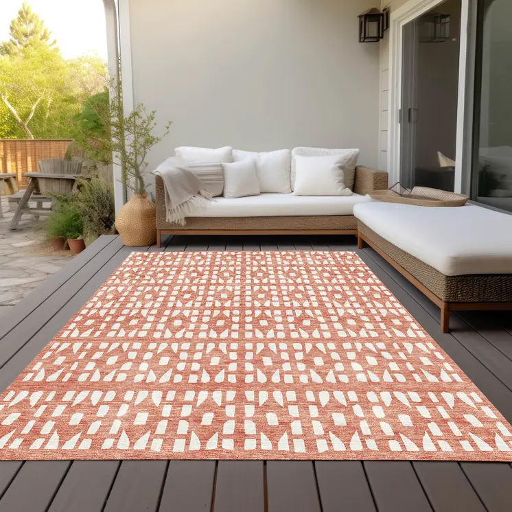 3' X 5' Salmon And Ivory Geometric Washable Indoor Outdoor Area Rug