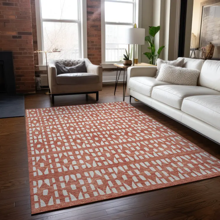 3' X 5' Salmon And Ivory Geometric Washable Indoor Outdoor Area Rug