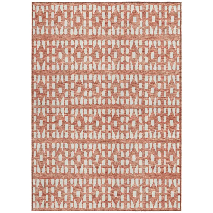 5' X 8' Salmon And Ivory Geometric Washable Indoor Outdoor Area Rug