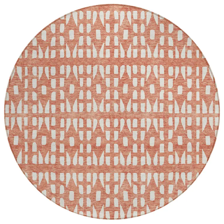 8' Salmon And Ivory Round Geometric Washable Indoor Outdoor Area Rug