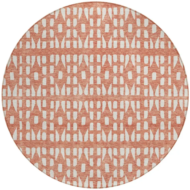 8' Salmon And Ivory Round Geometric Washable Indoor Outdoor Area Rug