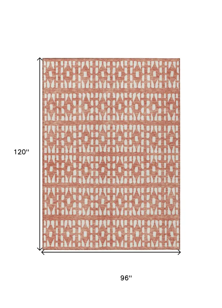 8' X 10' Salmon And Ivory Geometric Washable Indoor Outdoor Area Rug