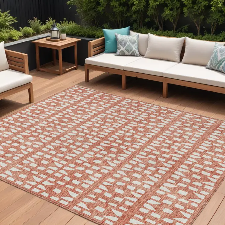 8' X 10' Salmon And Ivory Geometric Washable Indoor Outdoor Area Rug