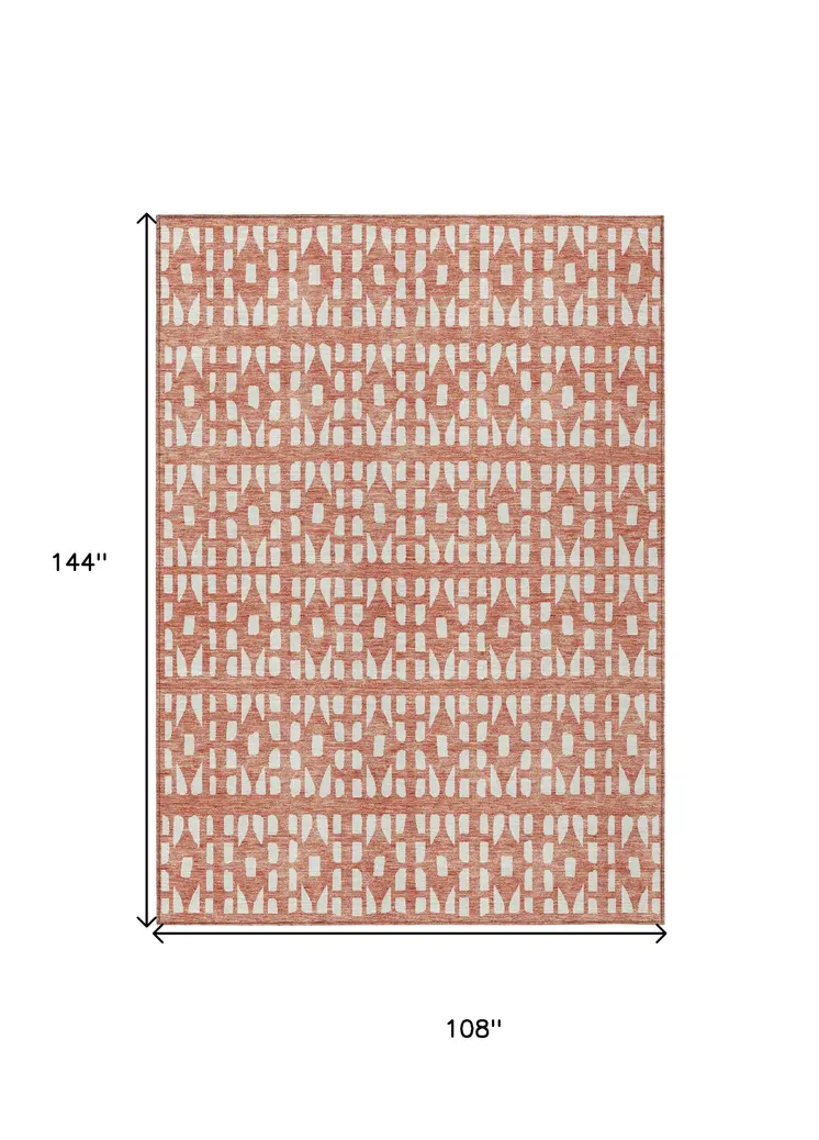 9' X 12' Salmon And Ivory Geometric Washable Indoor Outdoor Area Rug