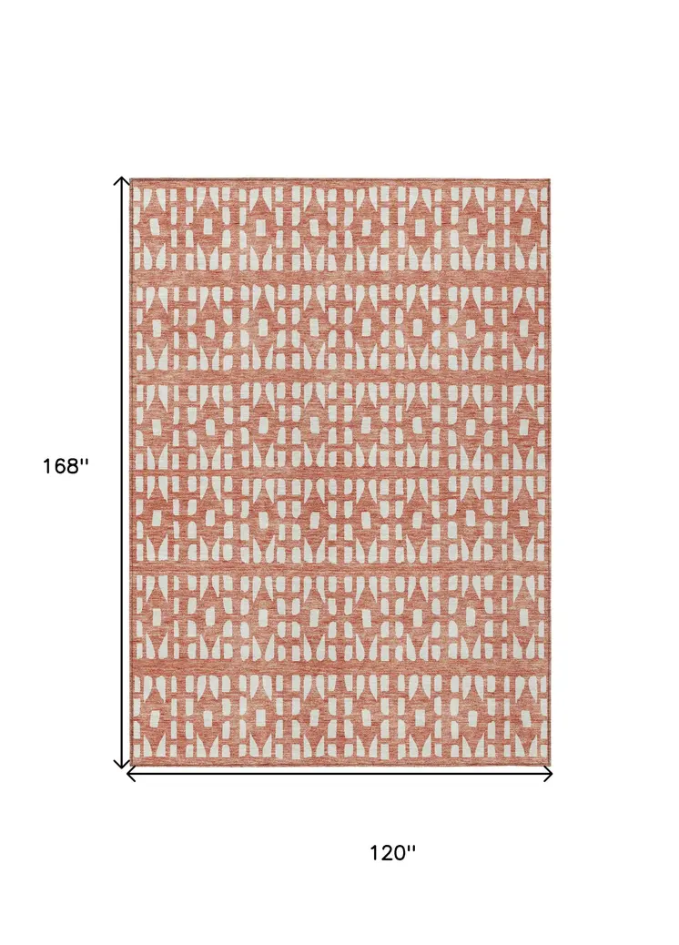 10' X 14' Salmon And Ivory Geometric Washable Indoor Outdoor Area Rug