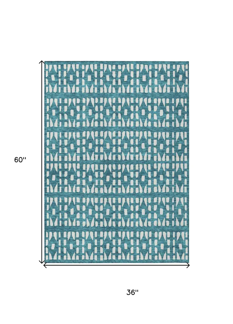 3' X 5' Teal Blue And Ivory Geometric Washable Indoor Outdoor Area Rug