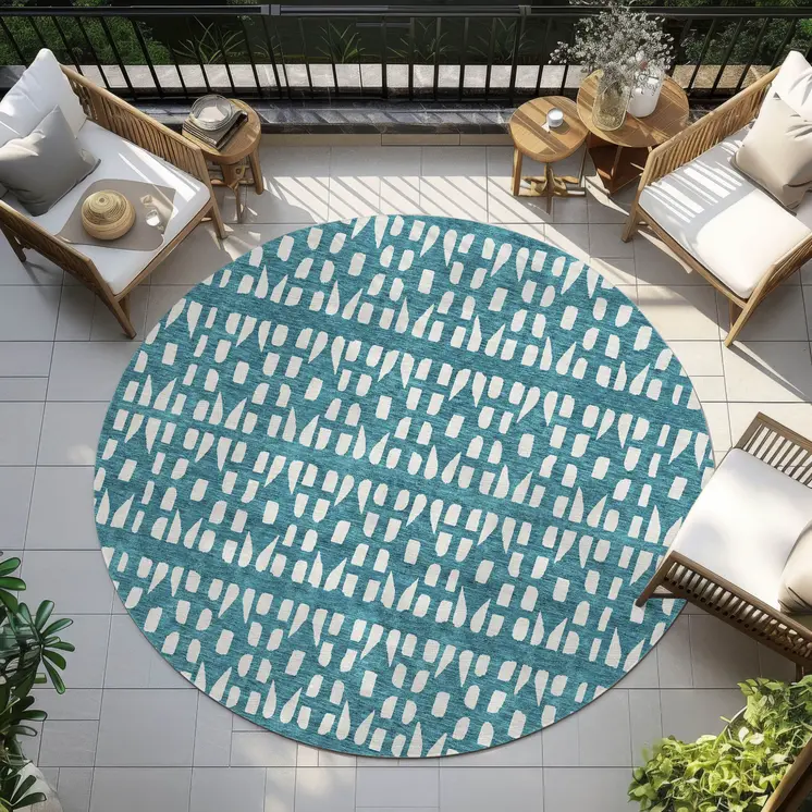 8' Teal Blue And Ivory Round Geometric Washable Indoor Outdoor Area Rug