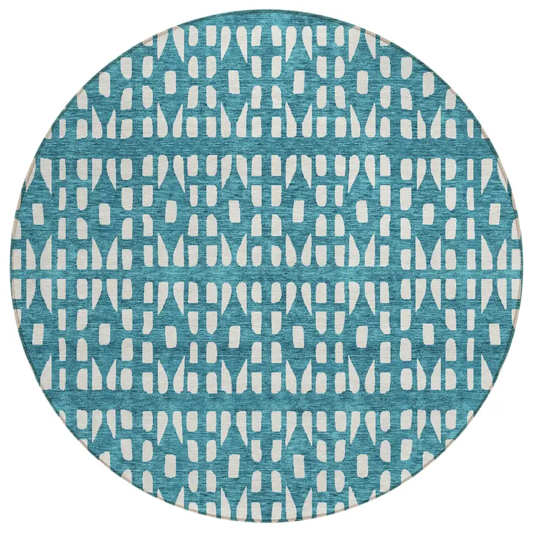 8' Teal Blue And Ivory Round Geometric Washable Indoor Outdoor Area Rug