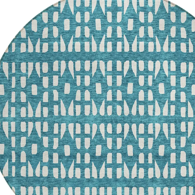 8' Teal Blue And Ivory Round Geometric Washable Indoor Outdoor Area Rug