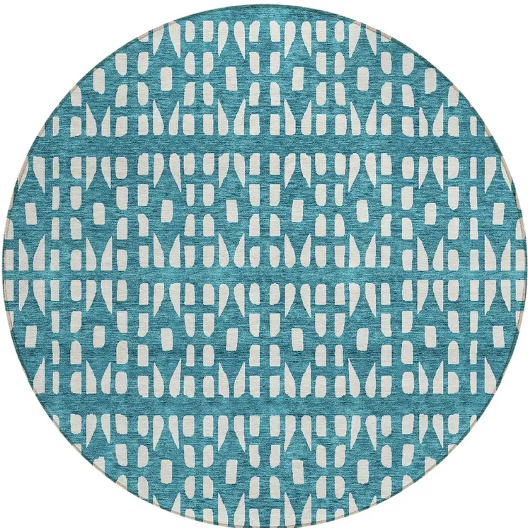 8' Teal Blue And Ivory Round Geometric Washable Indoor Outdoor Area Rug