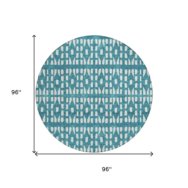 8' Teal Blue And Ivory Round Geometric Washable Indoor Outdoor Area Rug