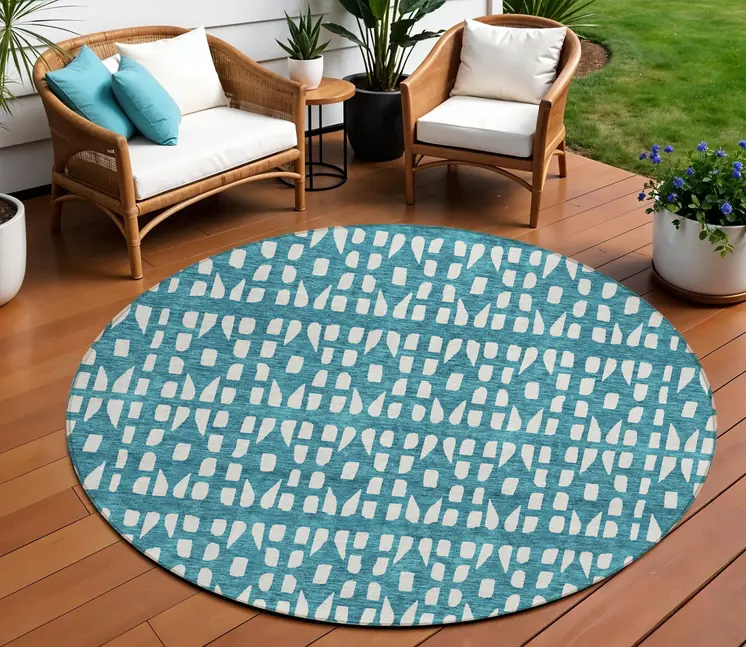 8' Teal Blue And Ivory Round Geometric Washable Indoor Outdoor Area Rug
