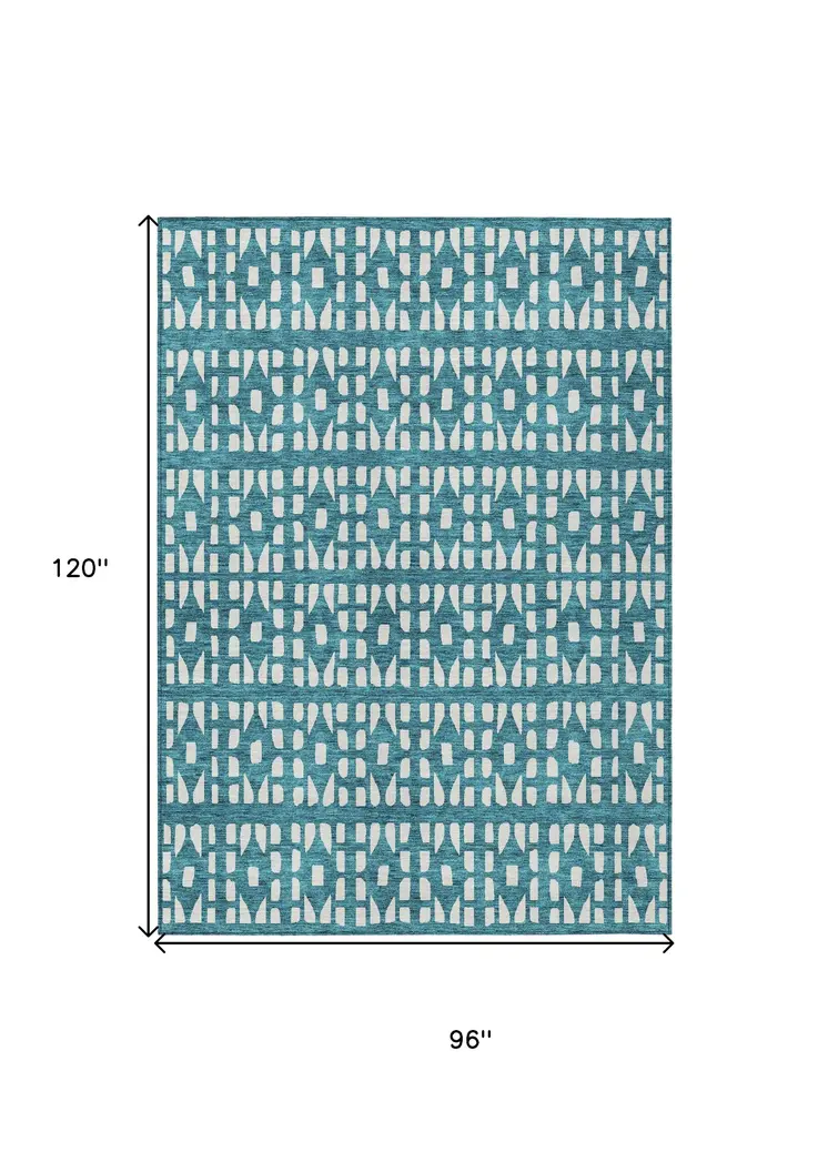 8' X 10' Teal Blue And Ivory Geometric Washable Indoor Outdoor Area Rug