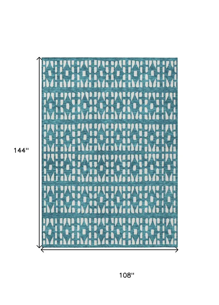 9' X 12' Teal Blue And Ivory Geometric Washable Indoor Outdoor Area Rug