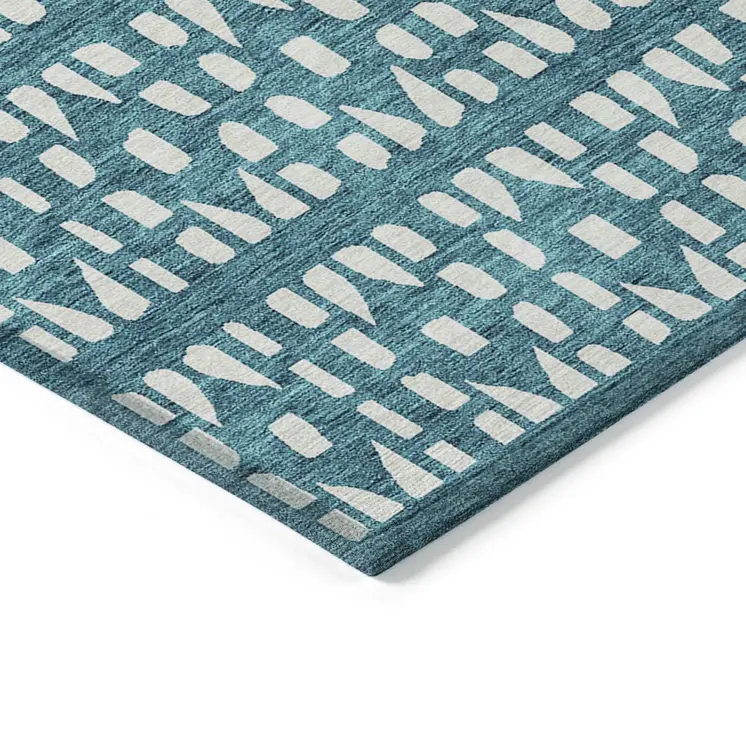 9' X 12' Teal Blue And Ivory Geometric Washable Indoor Outdoor Area Rug