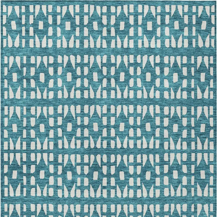 9' X 12' Teal Blue And Ivory Geometric Washable Indoor Outdoor Area Rug