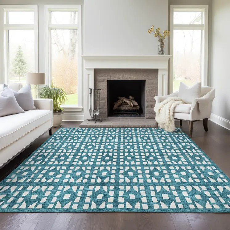 9' X 12' Teal Blue And Ivory Geometric Washable Indoor Outdoor Area Rug