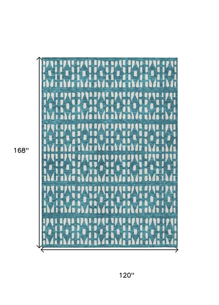 10' X 14' Teal Blue And Ivory Geometric Washable Indoor Outdoor Area Rug