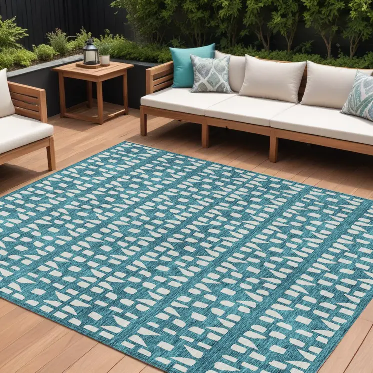 10' X 14' Teal Blue And Ivory Geometric Washable Indoor Outdoor Area Rug