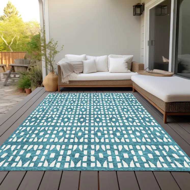 10' X 14' Teal Blue And Ivory Geometric Washable Indoor Outdoor Area Rug
